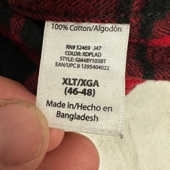 George Mens Red Black Plaid Long Sleeve Button Front Flannel Shirt Size XLT - Picture 5 of 6